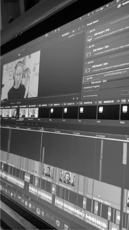 An editing timeline on a monitor with an episode rendering.